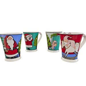 Ursula's Christmas Dodge Coffee‎ Mugs Set of 4 Cups Holiday Santa Tree Designs